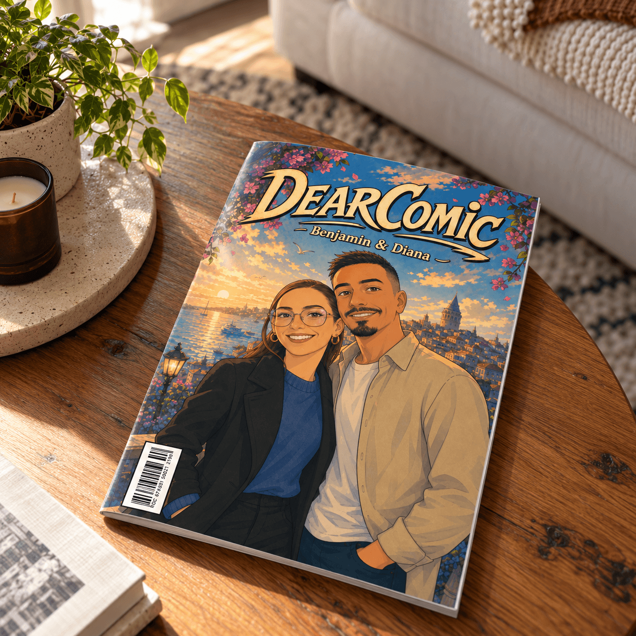 Closed printed comic book resting on a sofa beside a coffee table