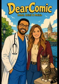 Couple with their cat on a personalized comic cover