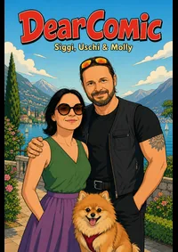 Couple with their dog in the mountains on a comic cover
