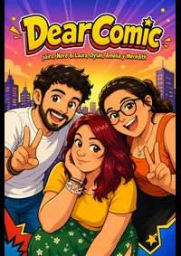 Smiling family of three on a personalized comic cover