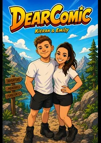 Two children in the mountains on an adventure comic cover