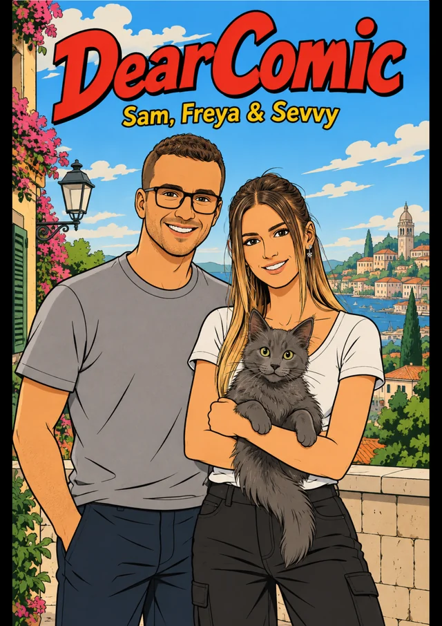 Illustrated couple with a gray cat on a personalized love story comic cover