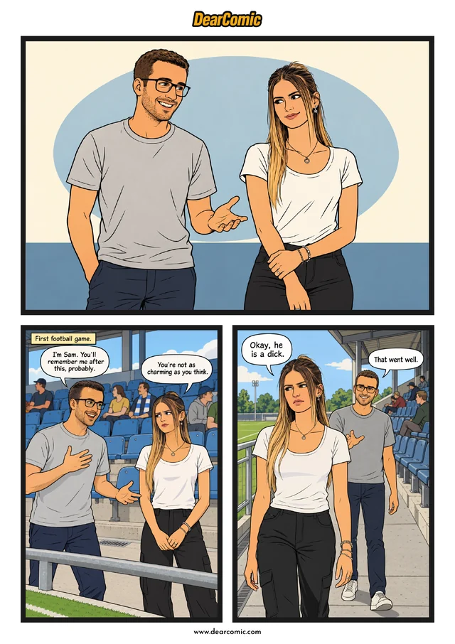 A couple meet in the first panels of their illustrated love story