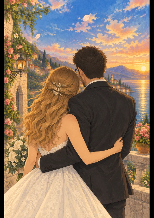 Bride and groom look across a lake on the wedding comic back cover