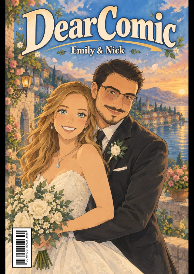 Personalized wedding comic front cover with bride and groom