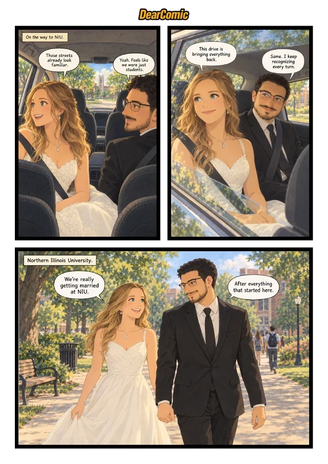 The newlyweds ride together and walk outdoors in comic panels