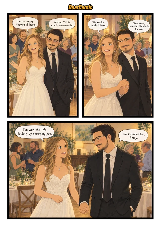 Wedding guests, bride and groom in a personalized comic scene