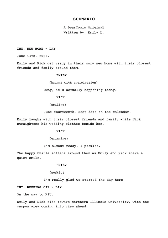 Page 1 of a personalized wedding comic script